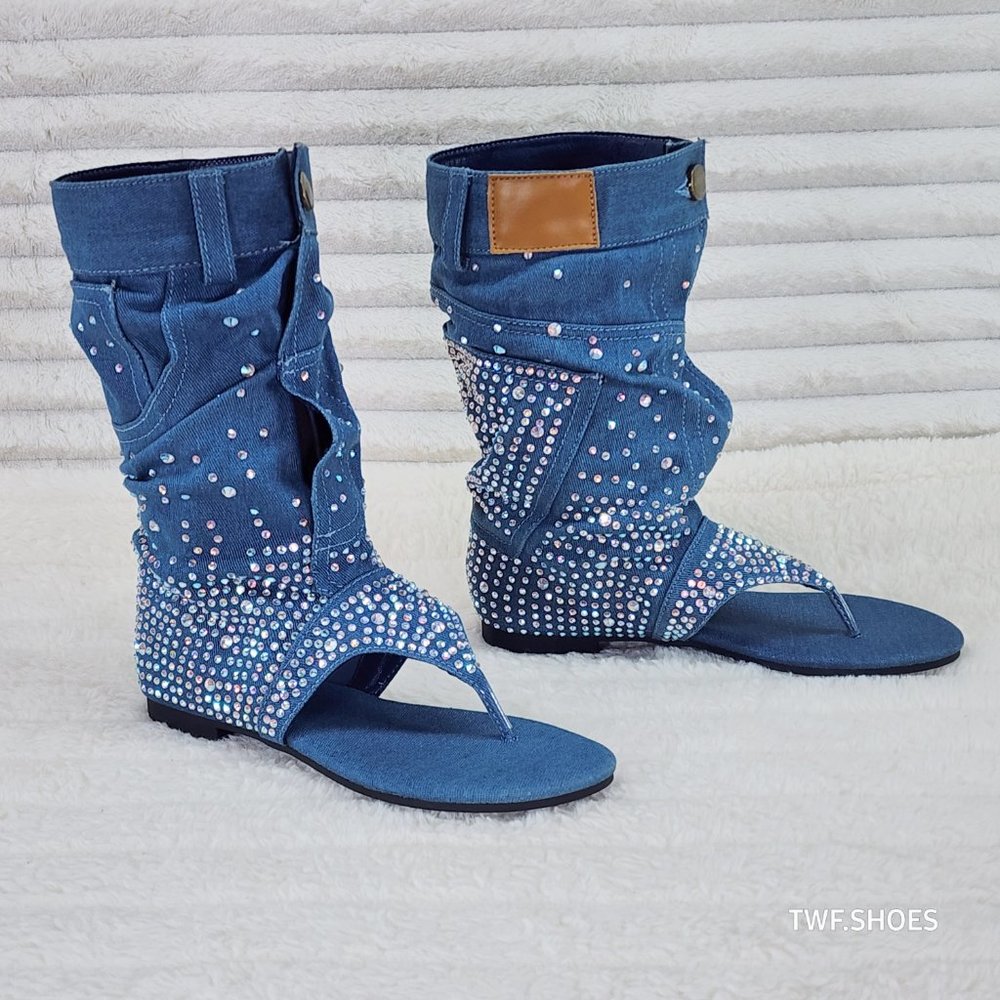 Perplex Denim & Rhinestones Sandal Slouch Boots Shooties